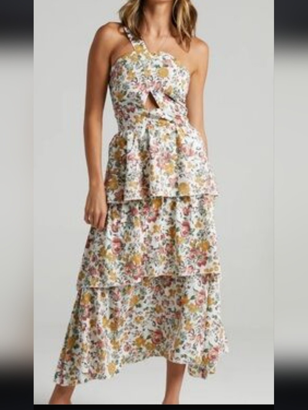 Reverse One-Shoulder Floral Tiered Maxi Dress in White, Pink & Mustard